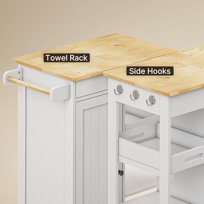 Gizoon Kitchen Island Cart with Removable Tray, 27.6''W Rolling Utility Trolley Cart with Drawer, Cabinet, Towel Rack, Hooks and 3 Open Storage Shelves, Mobile Storage Cart for Dining Room, Bar, White