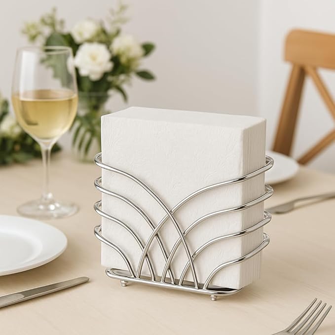 Napkin Holder for Table – Silver Iron Upright Napkin Dispenser for Paper Napkins, Napkin Dispenser for Kitchen Dining, Cocktail Picnic Bar Modern Kitchen and Dining Decor, Servilletero