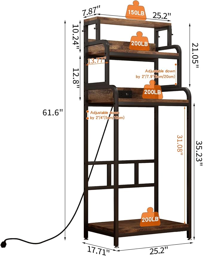 4-Tier Mini Fridge and Microwave Stand Shelf Organizer,61.6" Tall Mini Fridge Cabinet Bakers Rack with Power Outlet,Microwave Oven Stand,Kitchen Shelf Coffee Bar for Home Office Dorm