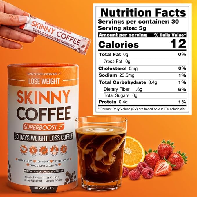 Skinny Coffee Super Boost Weight Loss Coffee, Belly Fat Burner for Women & Men, Sugar-Free Keto Vegan, Reduces Bloating, Supports Energy & Metabolism, Appetite & Cravings Control (90 Servings)