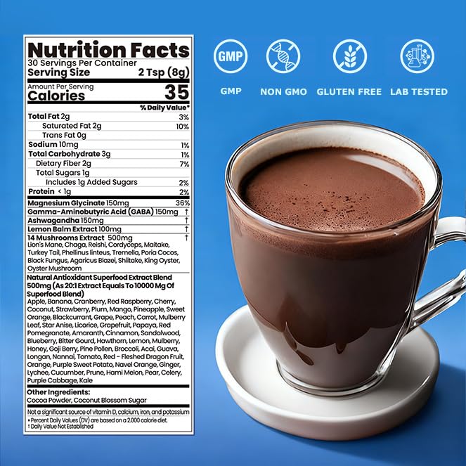 Mushroom Hot Cocoa, Melatonin-Free Natural Relaxation Drink Mix | 14 Mushroom Extracts, Magnesium, Ashwagandha, GABA & 51 Superfoods | Calm & Sleep Support | Keto & Vegan, Cocoa Powder | 30 Servings