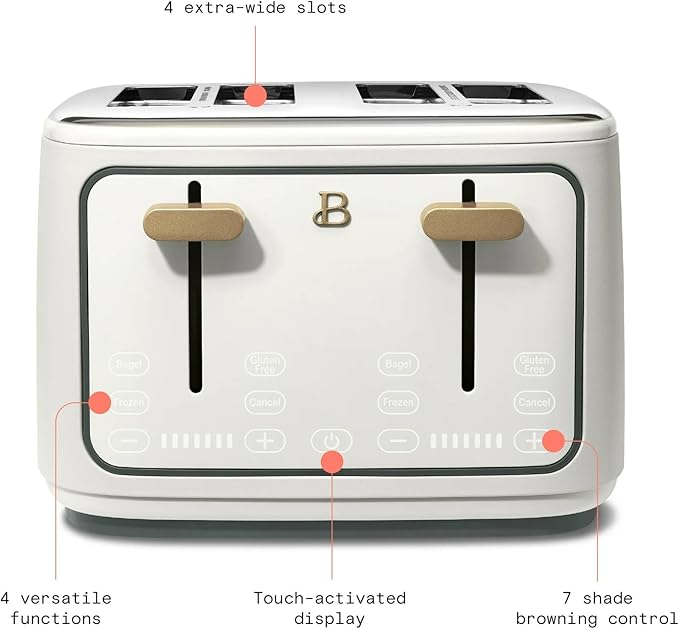 Beautiful 4 Slices Toaster with Touch-Activated Digital Display, Extra Wide Self-Adjusting Slots, Adjustable Shade Control, by Drew Barrymore (White)