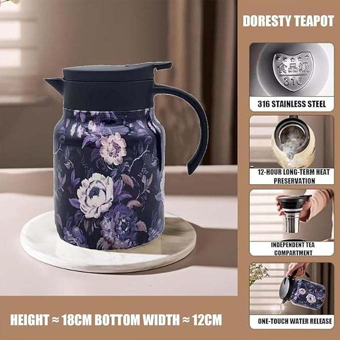 Vintage Floral Pattern Teapot – Built-In Infuser, 800ML/1000ML Heatproof Stainless Steel Teapot with Lid for Hot Drinks (Red, 800ml-Wooden handle)