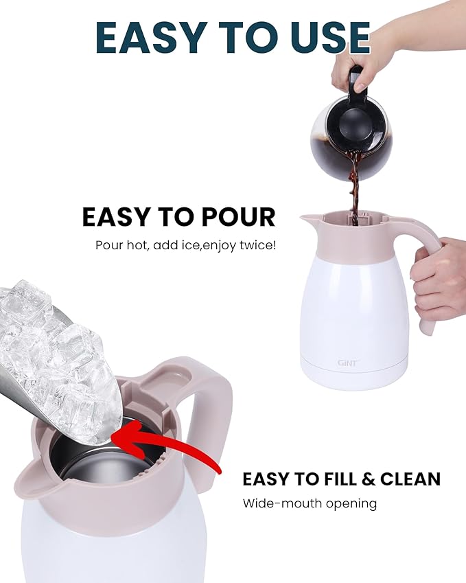 GiNT 1L / 34Oz Thermal Coffee Carafe, Insulated Stainless Steel Coffee Carafes for Keeping Hot/Double Walled Vacuum Thermal Carafe (White)