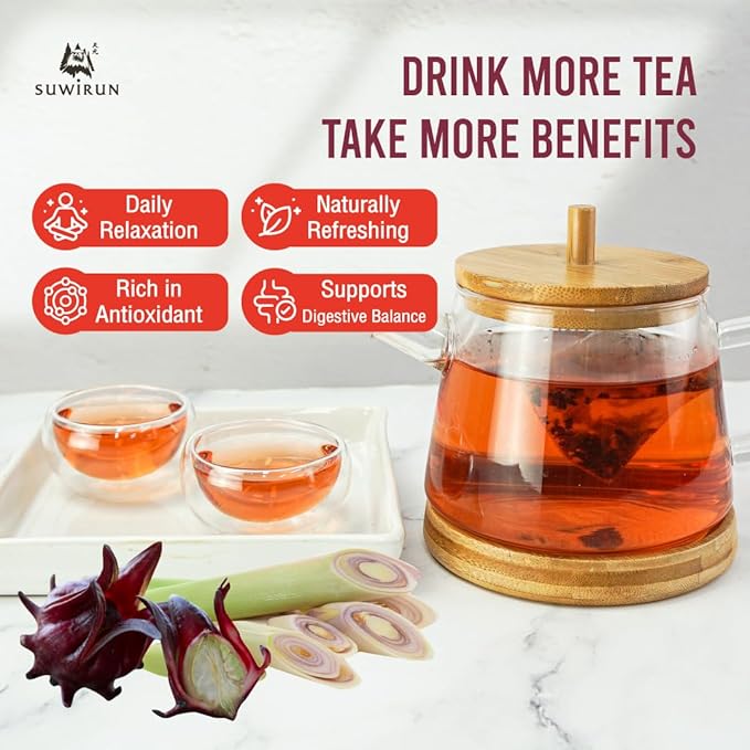 Suwirun Organic Lemongrass & Roselle Tea 25 Bags – Product of Thailand – Tangy Hibiscus & Citrus Herbal Blend, Caffeine-Free, No Calories, Naturally Sweet & Refreshing