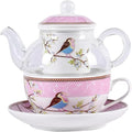 Tea for One Set, Glass Teapot with Porcelain Infuser Strainer and Cup & Saucer- Happy Bird Pattern (Pink)