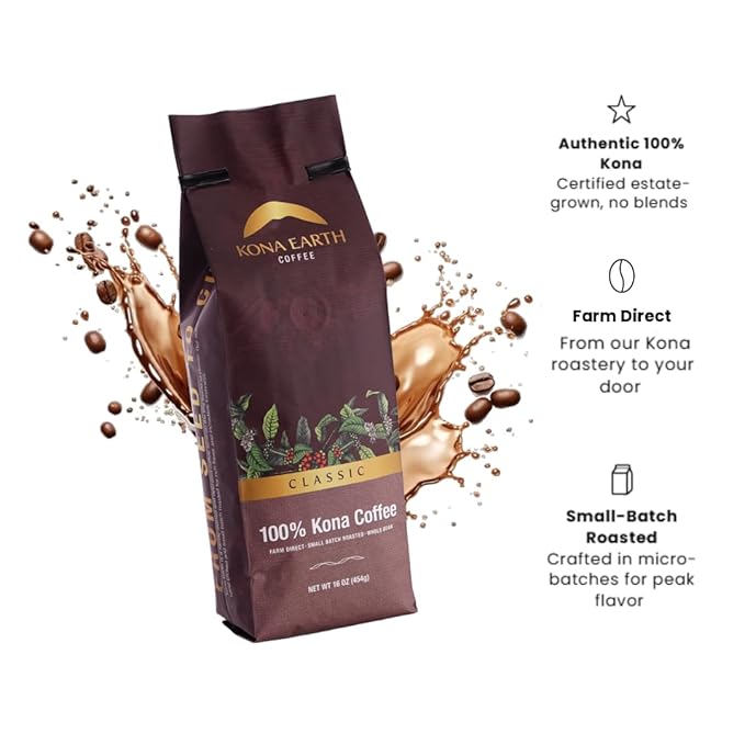 KONA EARTH 100% Kona Coffee, Classic Dark Roast, Whole Bean, 1 lb (16oz) Farm-Direct Authentic Hawaiian Kona Coffee beans from Hawaii’s Big Island, Micro-Batch-Roasted