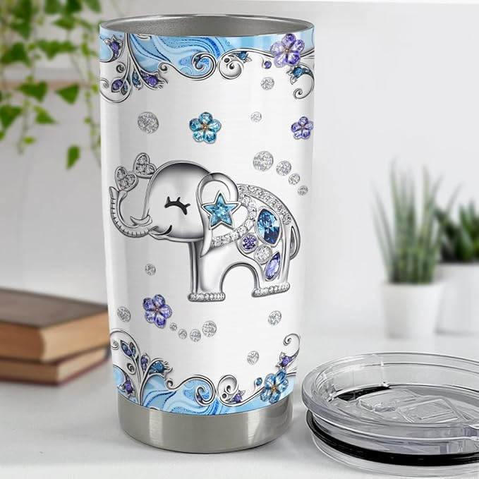 SANDJEST Elephant Tumbler 20oz Jewelry Drawings Stainless Steel Insulated Tumblers Elephants Gifts for Women Girls Coffee Travel Mug Cup Gift for Birthday Christmas