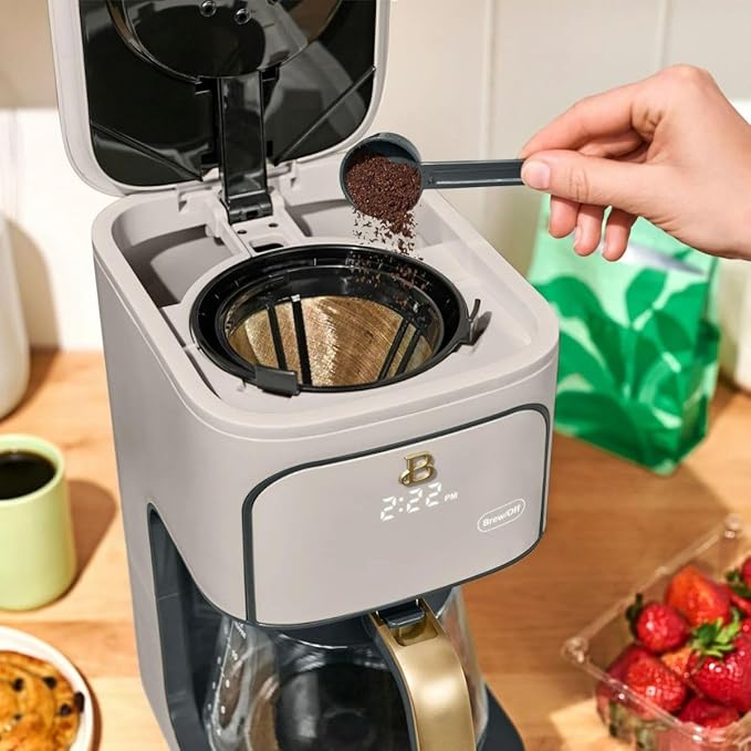 Beautiful 12-Cup Programmable Coffee Maker with Touch Activated Display, Auto Brew Timer, Reusable Filter, Large Glass Carafe (Porcini Taupe)
