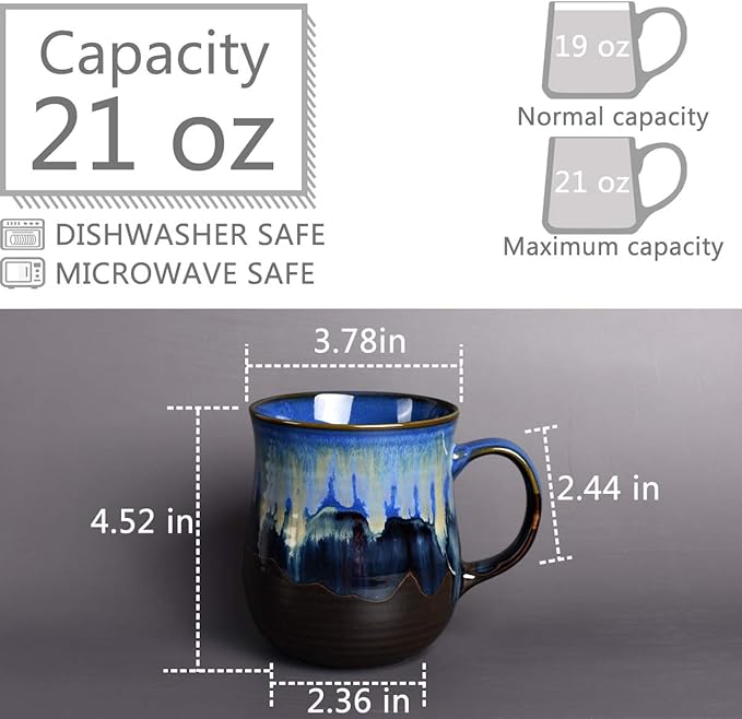 Bosmarlin Large Ceramic Coffee Mug, Blue Big Tea Cup for Office and Home, 21 Oz, Dishwasher and Microwave Safe, 1 PCS