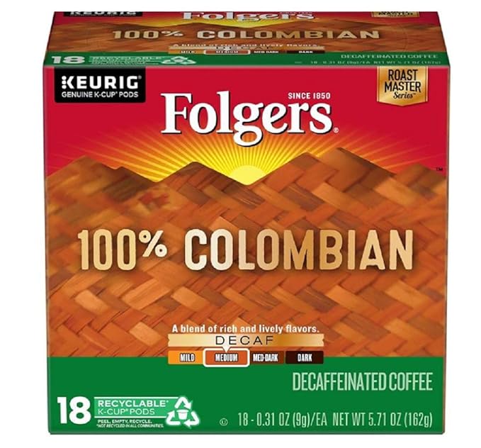 Folgers Decaf 100% Colombian Medium Roast K Cup Pods for Keurig Brewers, 18 Count, Packaging May Vary