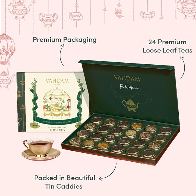 VAHDAM, Luxury Tea Gift Set | 24 Unique Loose Leaf Teas in Tin Caddies - Premium Tea Gift Box | Christmas Gifts for Women & Men