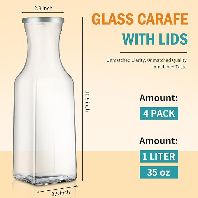 Glass Carafe with Lid, 4Pcs Square Glass Carafe Juice Containers 1 Liter Clear Glass Pitcher Drink Dispensers for Beverage Cold Water Juice Milk Iced Tea Wine Dishwasher Safe