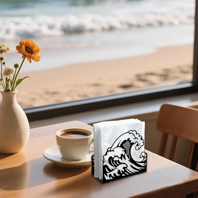 Ocean Waves Decorative Black Metal Napkin Holder for Table, 5.3" x 4.9" x 1.9" Sea Waves Standing Napkin Holder for Home Kitchen Restaurant Picnic Party Coffee Bar Dining Room