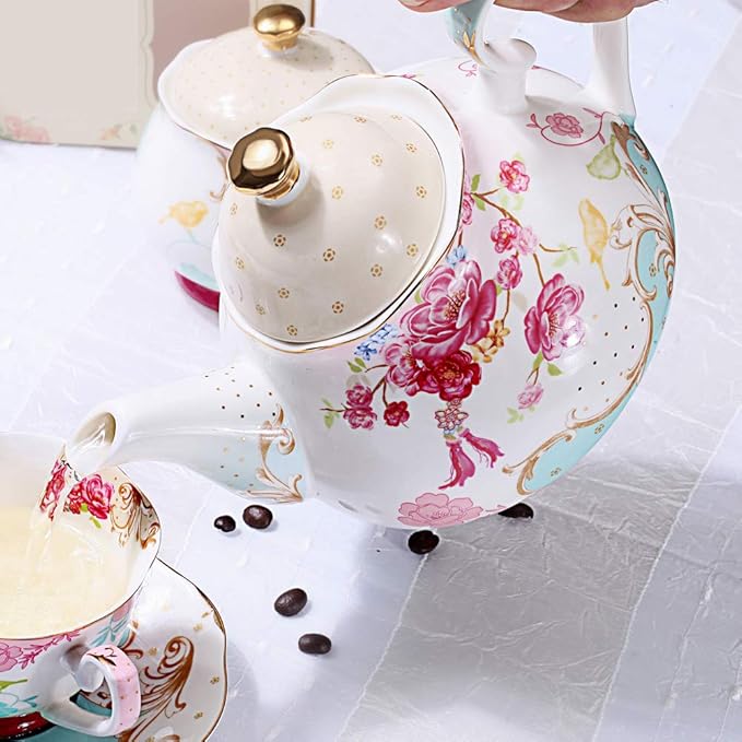 Tea Pot Bone China Floral Design Vintage Teapot Loose Tea Women and Tea lovers 850 ml about 4 Cups Gift Box