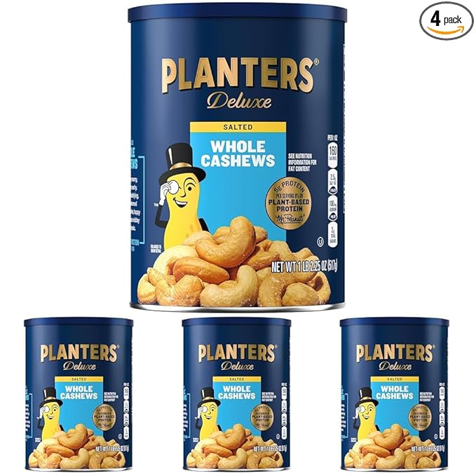 PLANTERS Deluxe Salted Whole Cashews, Party Snacks, Plant-Based Protein, Quick Snack for Adults, After School Snack, Roasted Cashew Flavored with Sea Salt, Bulk Nuts, Kosher, 1 lb 2.25oz Canister