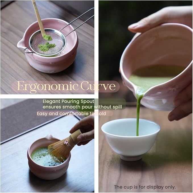 7pcs soft pink matcha whisk set with cute bow and heart motif - complete matcha kit set includes bamboo whisk, bowl, stand, scoop, sifter, towel -ideal gift for women and Japanese tea ceremony