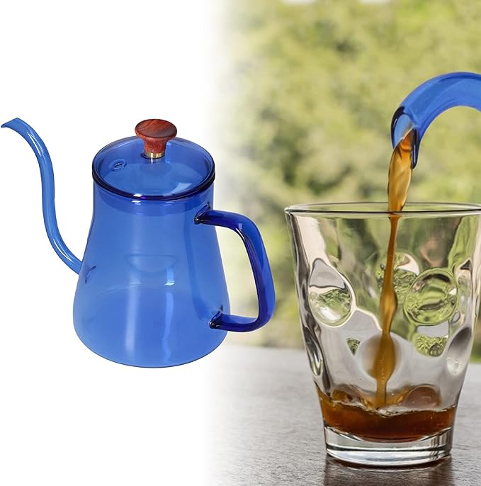 350ml Pour Over Coffee Kettle,Gooseneck Glass Kettle,Tea Kettle Long Spout Kettle Large Capacity Heat Resistant Easy to Clean Long Mouth Coffee Pot with Lid(blue)