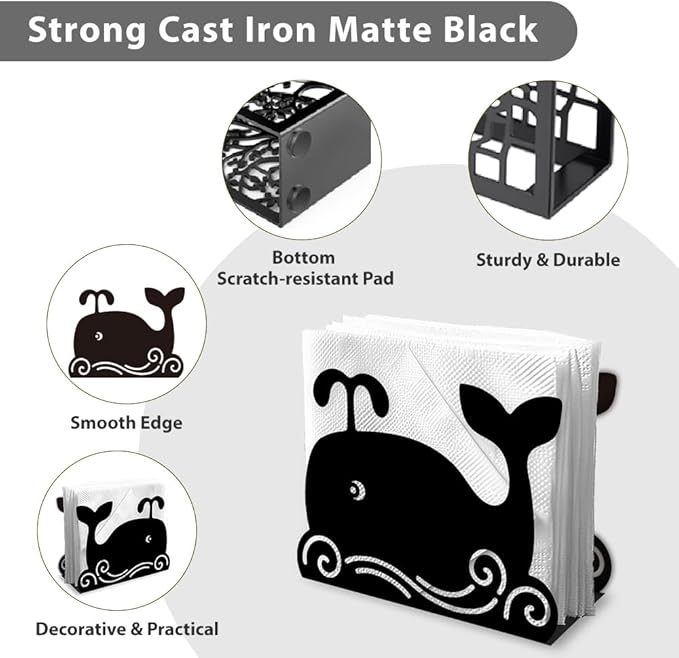 Cartoon Whale Decorative Black Metal Napkin Holder for Table, 5.3" x 4.1" x 1.9" Whale Marine Animal Standing Napkin Holder for Home Kitchen Restaurant Picnic Party Coffee Bar Dining Room
