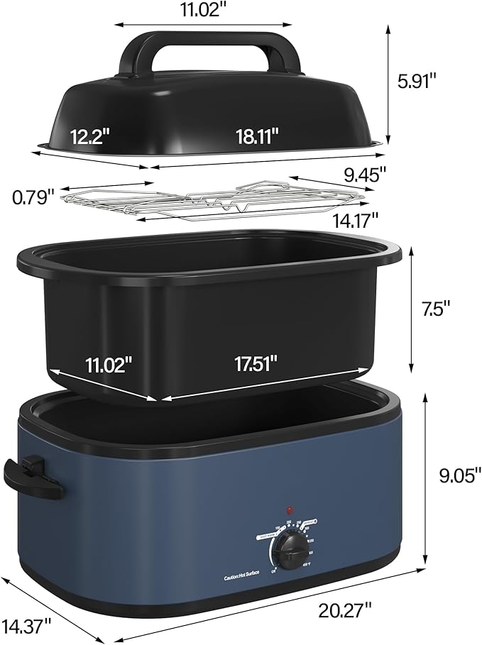 RoyalCraft 22-Quart Electric Roaster Oven with Visible Self-Basting Lid, Turkey Roaster Oven with Removable Pan and Rack, Perfect for Large Meals and Holiday Feasts, Blue