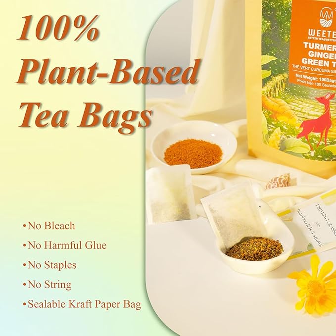 WT WEETEE Turmeric Ginger Green Tea Bags, 100 Count Made Turmeric, Ginger Root, Cinnamon and Honey Flavoring, Natural Caffeinated Spice Tea