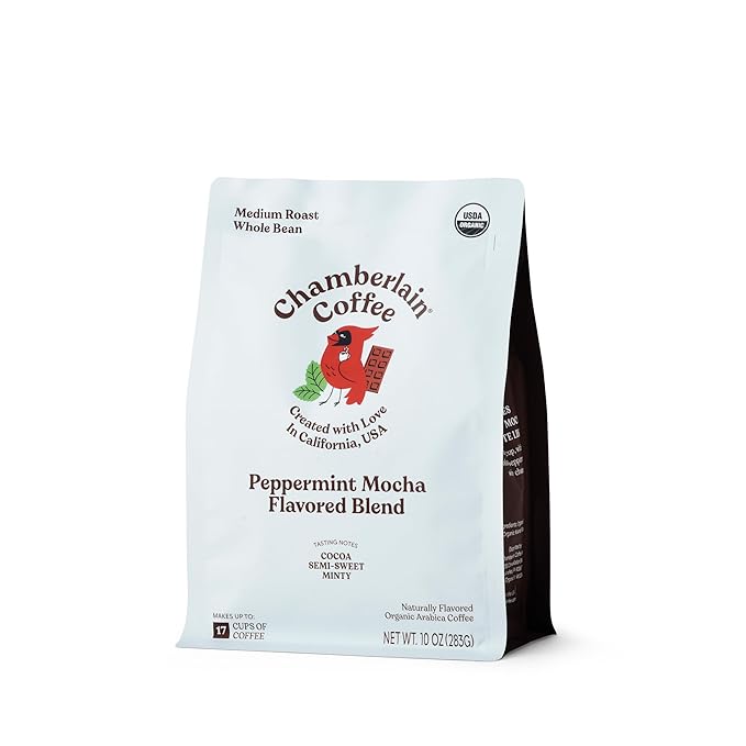 Chamberlain Coffee Peppermint Mocha Blend – Medium Roast Whole Bean Coffee, Smooth and Rich with Sweet Cocoa and Refreshing Peppermint Notes, Hand Roasted in Small Batches - 10 oz