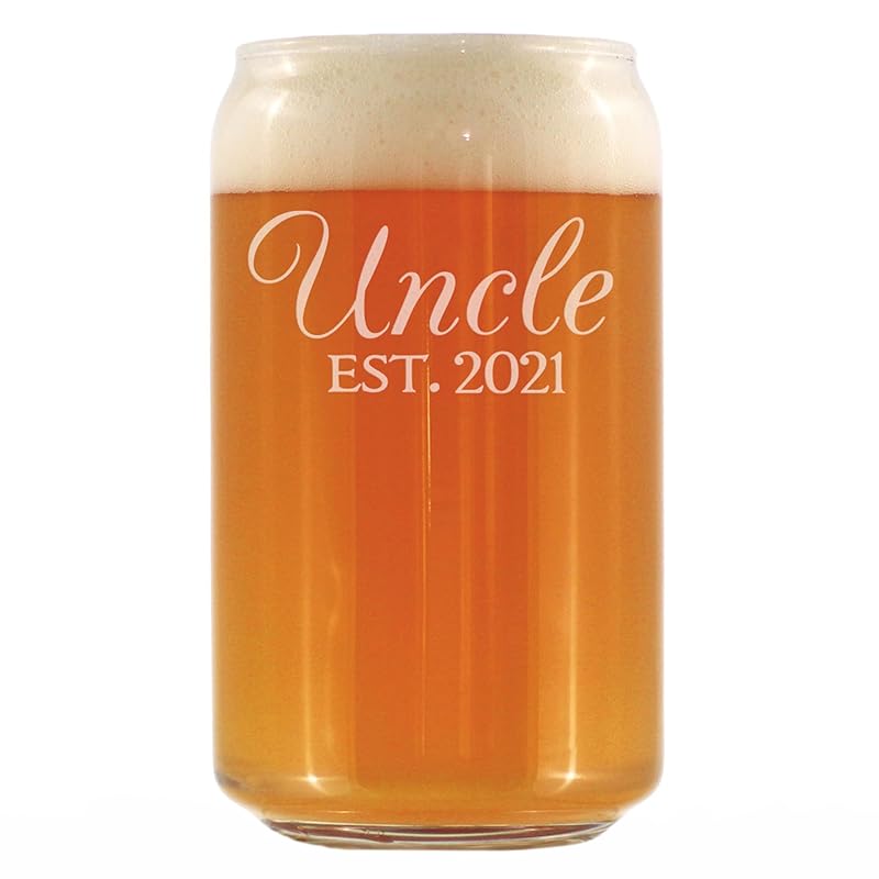 Uncle Est 2021 - Beer Can Pint Glass Gift for First Time Uncles - Decorative 16 Oz Glasses