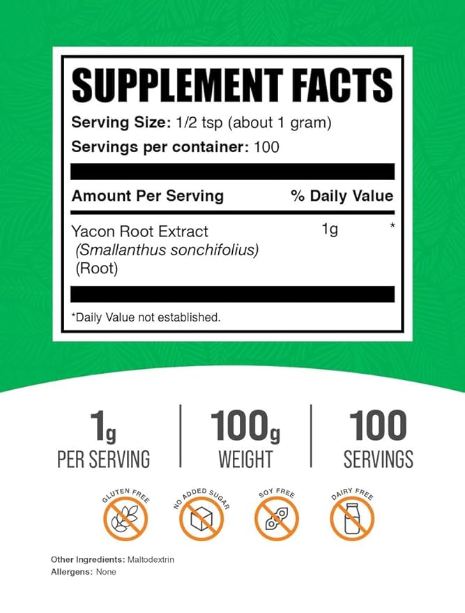 BulkSupplements.com Yacon Root Extract Powder - Sugar Substitute, Natural Fiber Sweetener - Gluten Free, 1g per Serving, 100g (3.5 oz) (Pack of 1)