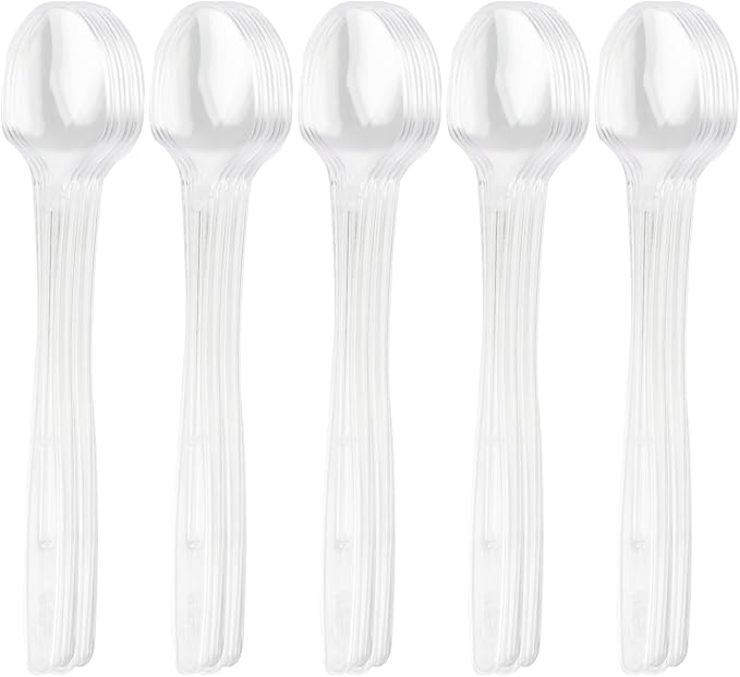 9" Clear Plastic Spoons, Heavy Duty Disposable Spoons, 192 Pack Long Handle Spoon, Plastic Cutlery for Cocktail Stirring Dessert Milkshakes Ice Cream Tea and Floats