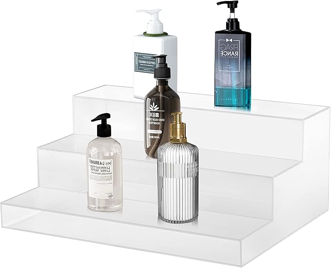 CiaoHER Large Acrylic Wine Liquor Bottle Rack 3 Tier Clear Countertop Riser Display for Bar Coffee Leisure Station Retail Store Shop Grocery Collection Organizer Stand (16''-1pack)