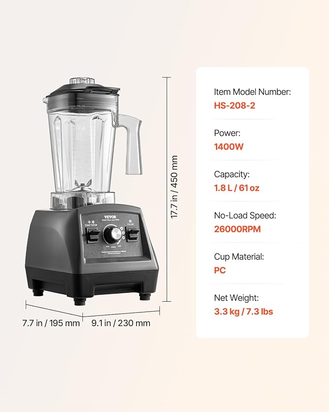 VEVOR Blender for Smoothies, 61 oz 1400W, Professional Blender with Powerful Motor, Multi-Functional Food Processing for Smoothie/Milkshake/Juice, Fits for Kitchen
