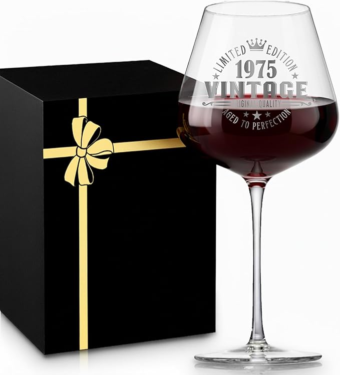Crystal Burgundy Wine Glasses Cup Red Long Stem White Personalized Cute Large Women 50th Birthday Gifts for Her 50 Years Old Best 1975 Funny Cool Friend Gift Unique Birthday Party Decorations