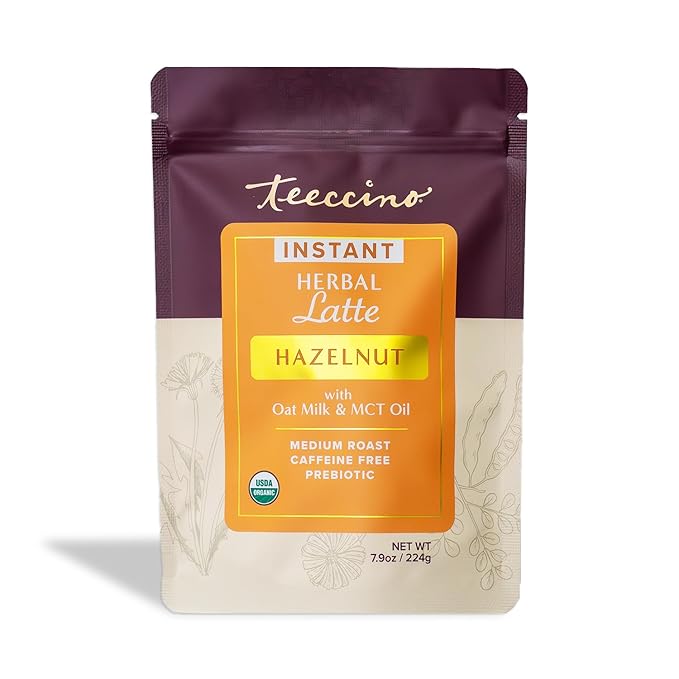 Teeccino Organic Instant Hazelnut Herbal Latte – 14 Servings – Creamy Oat & Coconut Latte Plus MCT Oil with Buttery Hazelnuts & Dates Accenting Roasted Chicory – Prebiotic, Caffeine-Free – 7.9 ounces