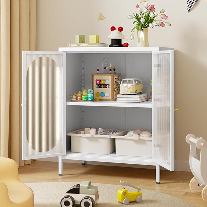 Small 2 Transparent Door Metal Storage Side Buffet Cabinet for Bed Room,Living Room,Entryway,Hallway,Home,Hotel,Office,Garage,Kitchen,1 Removable Shelf. (Transparent Door, White)