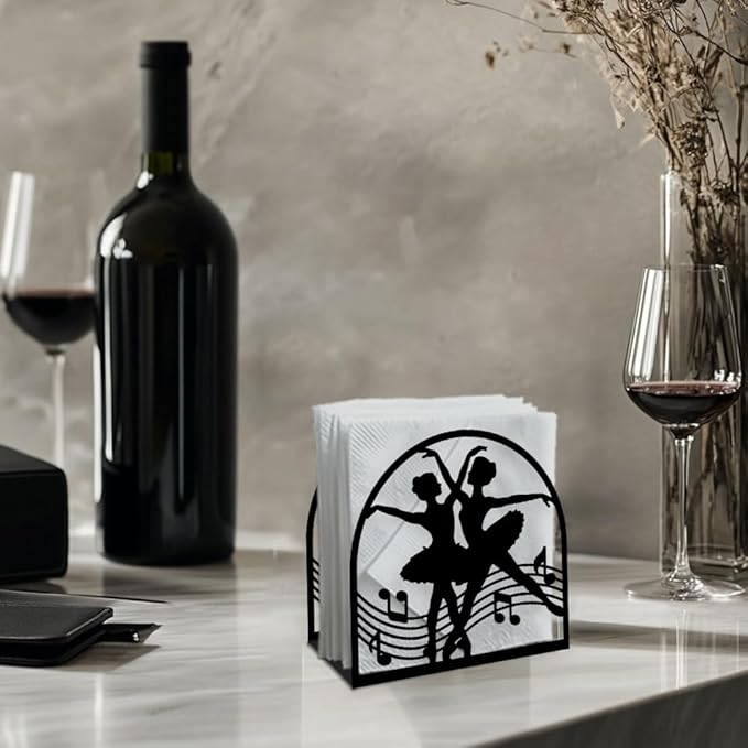 Ballerina Decorative Black Metal Napkin Holder for Table, 5.3" x 4.9" x 1.9" Ballet Dancer Standing Napkin Holder for Home Kitchen Restaurant Picnic Party Coffee Bar Dining Room