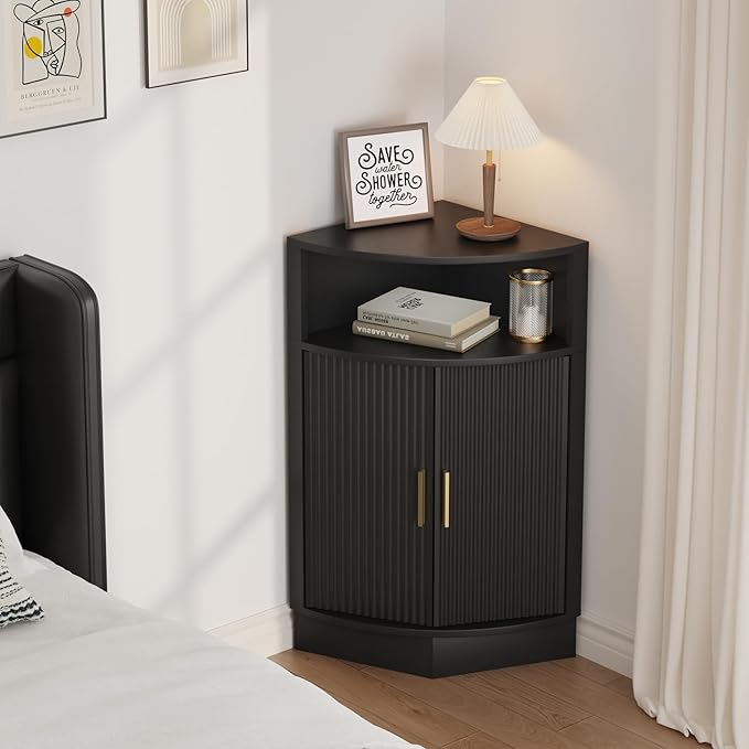 Corner Bathroom Cabinet, Modern Small Corner Cabinet with Fluted Door and Open Shelf, Space Saver for Bathroom, Living Room, Kitchen, Black
