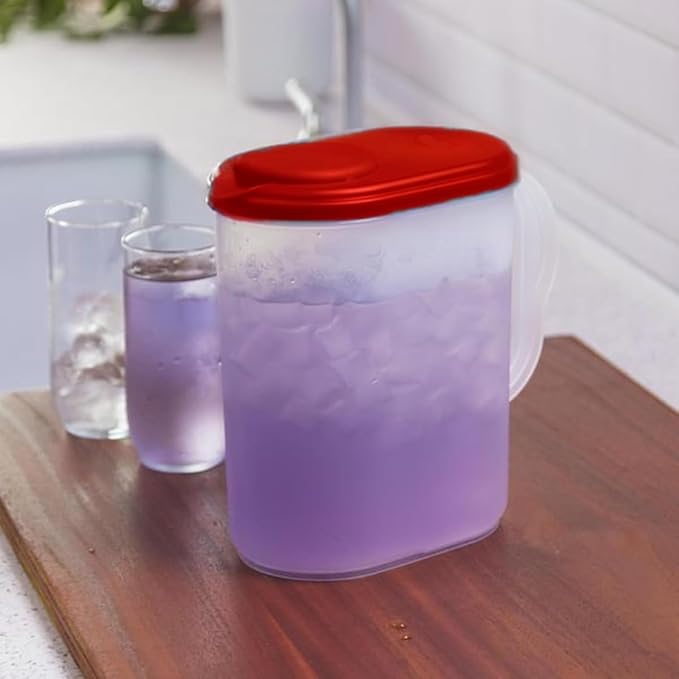 2-Pack Water Pitcher with Lid & Pivot Top Spout 1 Gallon Pitcher - Slim Design Fits Fridge Door - Freezer/Dishwasher Safe, BPA Free & Phthalate Free - Red