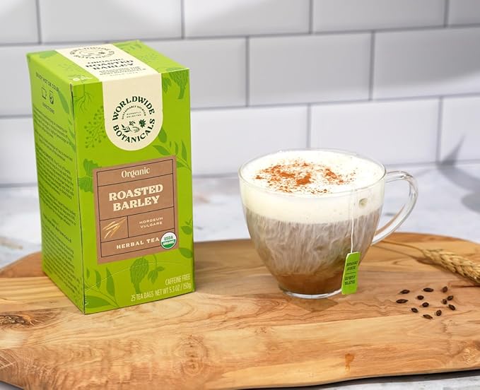 Worldwide Botanicals Organic Roasted Barley Tea, 25 Tea Bags - 3x more herbs with 6g per teabag - AKA Mugicha, Boricha, Damaicha, Orzo - Caffeine-Free, Kosher