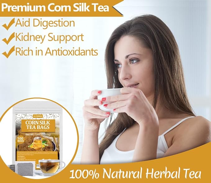 100 Premium Corn silk Tea Bags, Made with 100% Natural Corn Slik, Aromatic & Sweet, Support Kidney & Aid Digestion, No Additives & Caffeine Free.