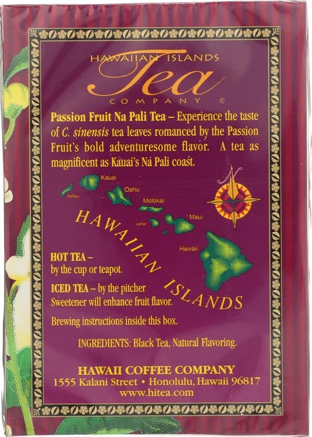 Hawaiian Islands Tea Company Passionfruit Na Pali Black Tea, All Natural - 20 Teabags (1 Box)