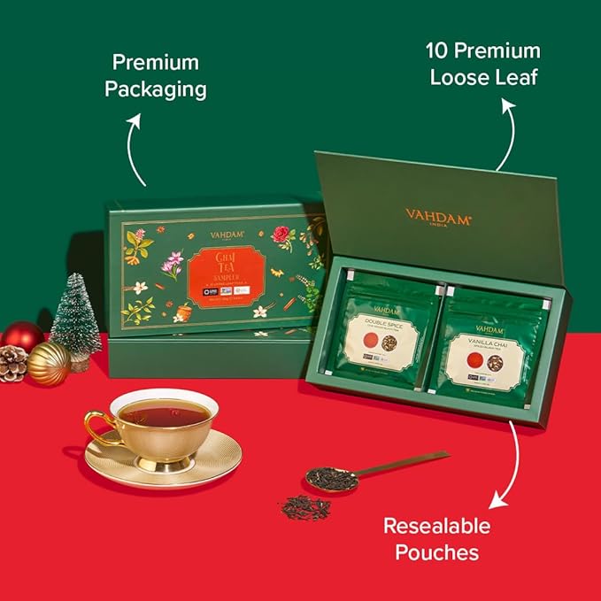 VAHDAM, Assorted Loose Leaf Chai Tea Sampler (10 Flavors, 50+ Servings) | Indian Exotic Masala Chai Tea Blends | Resealable Ziplock Pouch | Vacuum Sealed For Freshness