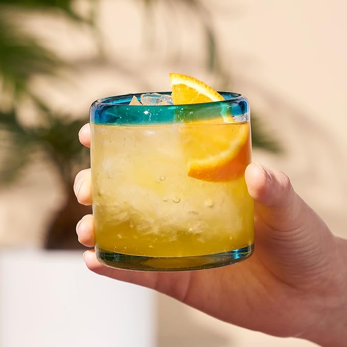 Segunda Vida Primavera Hand Blown Short Tumblers, Recycled Drinking Glasses with Blue Rim for Margarita, Tequila, Cocktails, Iced Drinks, Birthday Gifts for Women, Mexican Glassware, 12 oz, Set of 2