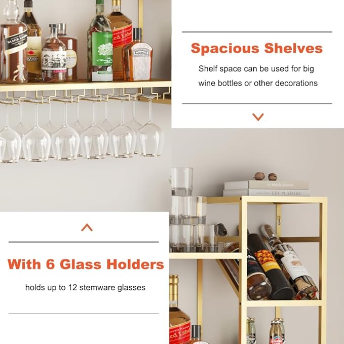 Metal Floating Bar Liquor Shelves 2 Tier, Wall Mounted Wine Rack with Glass Holder Storage, Wall Bar Shelf Wine Display Storage Holder for Kitchen Dining Room Bar (Gold)