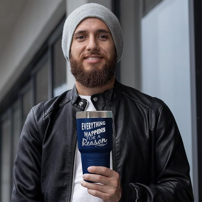 Tumblera Tumblers Travel Mugs Everything Happens for A Reason Inspiration & Motivation Insulated Drinkware Personalized Tumbler Cups Coffee Tumbler Engraved Stainless-Steel 20 Oz Navy Design Only