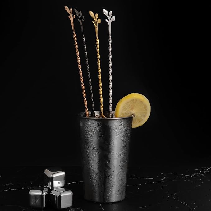 AnSaw Black 10-Inch Stainless Steel Cocktail Spoon with Leaf Handle - Perfect for Mixing & Layering Drinks in Tall Cups, Bar & Shakers - Durable Long Handle Bar Stirrer,1-Pieces