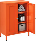 Small Bathroom Storage Cabinet, Orange Metal Locker with 2 Doors and 2 Adjustable Shelves, Small Locker Cabinet Sideboard for Home Office, Living Room, Hallway, Entryway