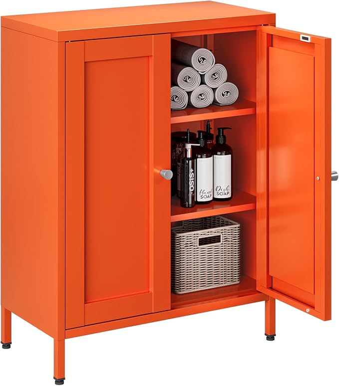 Small Bathroom Storage Cabinet, Orange Metal Locker with 2 Doors and 2 Adjustable Shelves, Small Locker Cabinet Sideboard for Home Office, Living Room, Hallway, Entryway