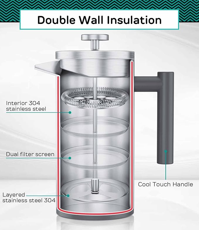 Coffee Gator 304 Grade Stainless Steel French Press Coffee Maker 34 oz, Double Wall Insulated Hot Cold Brew Teapot with 4-Level Filtration System, Include Travel Jar Canister, Rust-Free, Kitchen, Gray