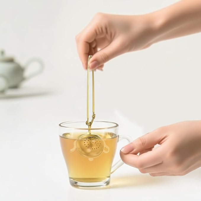 uxcell 2 Pcs Tea Infuser, Stainless Steel Loose Leaf Tea Infuser Filter for Cup and Teapot, Long Handle Tea Steeper Strainers for Tearoom Office Home, Teapot shaped, Golden