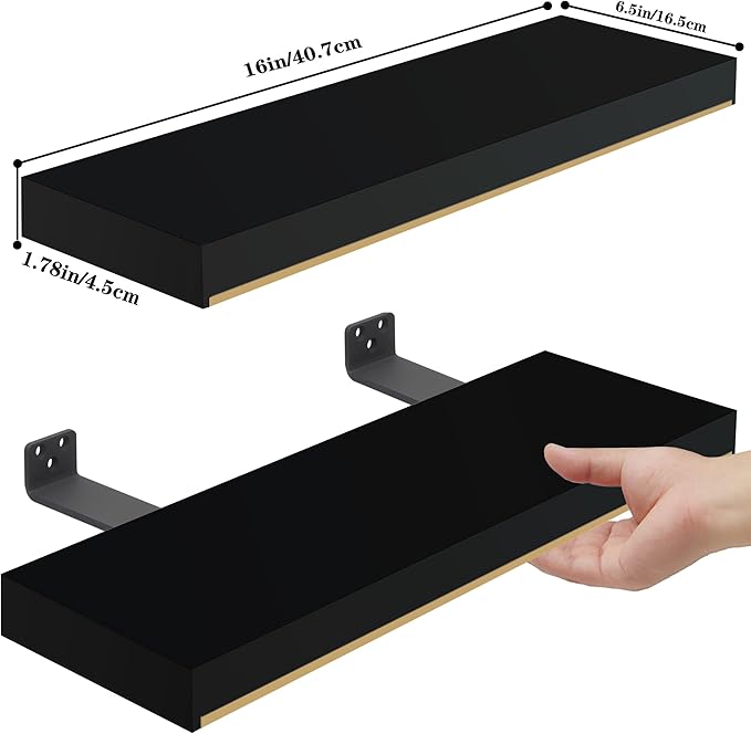Thick 1.78 in Black and Gold Shelves with Thicked 1/5 Inch Heavy Duty Bracket,Black Gold Foating Shelves Pine Wood 16 ×6.5 in Floating Shelves for Wall with Stainless Steel Trim Strip Set of 2